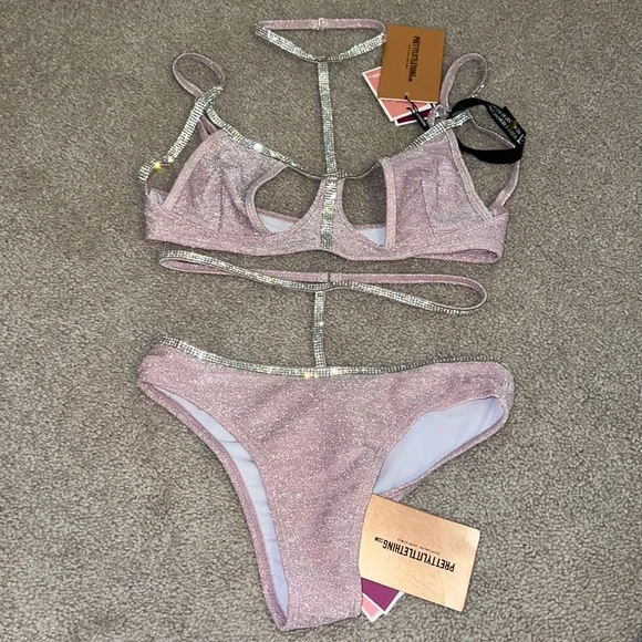 Pretty little thing baby pink diamanté glitter pool party bikini set - Picture 2 of 13